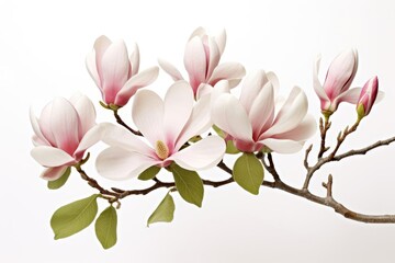 Blooming white and pink close-up flowers of magnolia on a branch with young leaves, growing in spring park or botanical garden, with blurred white background