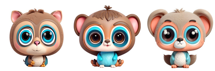Obraz premium Cute funny monkeys with big eyes lovely little animals isolated in transparent background