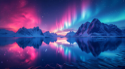 Ethereal pink and blue aurora borealis over a tranquil icy landscape with mountain reflections	