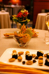 Beautiful decorat catering banquet table. Snacks and appetizers