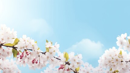 Branches with fresh white cherry flowers in full bloom against the blue sky. Blooming sakura, peaches and cherries on a blue background.