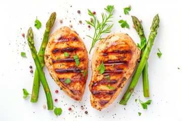 Grilled chicken breasts with asparagus on white background - Powered by Adobe