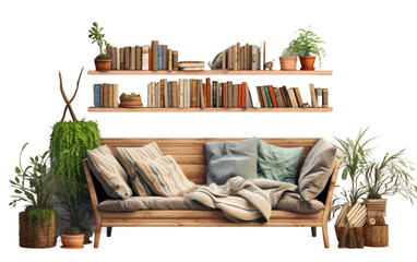 White Background Showcasing Cozy Reading Nook with Bookshelf