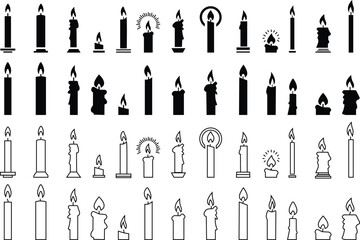 Set candle silhouettes for religion commemorative and party icon. Vector Black linear or flat symbol collection isolated on transparent background. Editable stroke some melted and others solid.