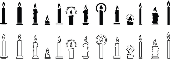 Set candle silhouettes for religion commemorative and party icon. Vector Black linear or flat symbol collection isolated on transparent background. Editable stroke some melted and others solid.