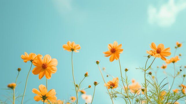  a field of yellow flowers with a blue sky in the backgrounnd of the image is a photograph of a field of yellow flowers with a blue sky in the background.
