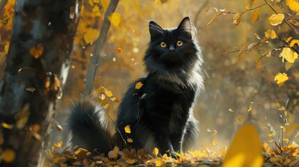  a black cat sitting on top of a pile of leaves next to a forest filled with lots of yellow and orange leaves and a tree filled with lots of yellow leaves.