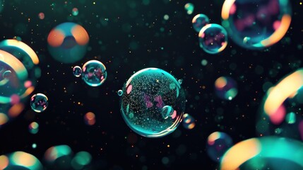  a bunch of bubbles floating in the air on a black background with a blue sky and some yellow and pink bubbles on the bottom of the bubbles are floating in the air.