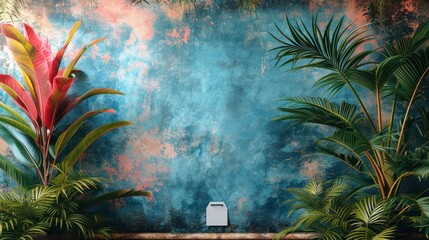  a painting of plants and a toilet in front of a wall with a painting of a blue sky and a white toilet in front of a green and red plant.