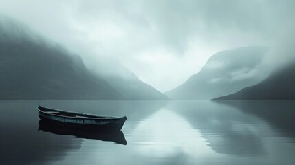  a small boat floating on top of a body of water under a foggy sky with mountains and a body of water in front of a body of water with a boat in the foreground.