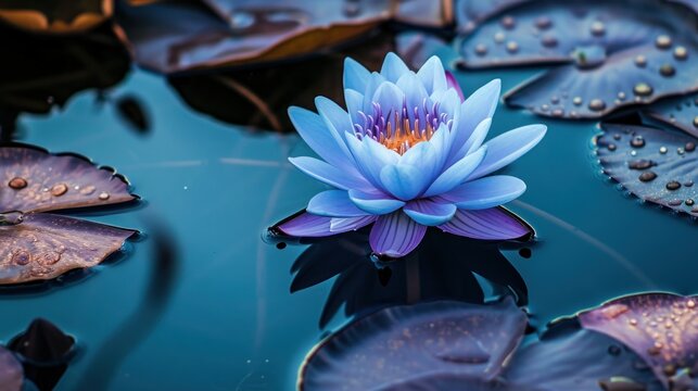  a blue water lily floating on top of a pond filled with lily pads and water droplets on the surface of the water, with drops of dew on top of the lily pads.