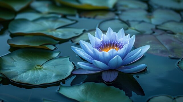  a large blue water lily sitting on top of a body of water with lily pads on the bottom of the water and lily pads on the bottom of the water.