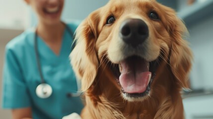 Golden retriever in a veterinary clinic at a veterinarian's appointment
