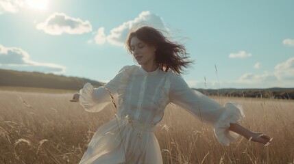 Fototapeta na wymiar A girl in a white dress dances in a field 