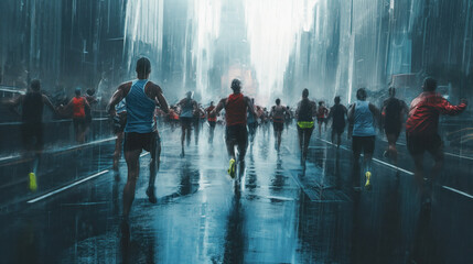 Athletes running down the street in the rain
