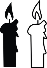 Set candle silhouettes for religion commemorative and party icon. Vector Black linear or flat symbol collection isolated on transparent background. Editable stroke some melted and others solid.