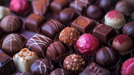  a pile of assorted chocolates sitting next to each other on top of a table with a pink frosting on one of the top of the chocolates.