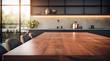 Fototapeta premium Kitchen table top with blurred modern interior. AI Generative