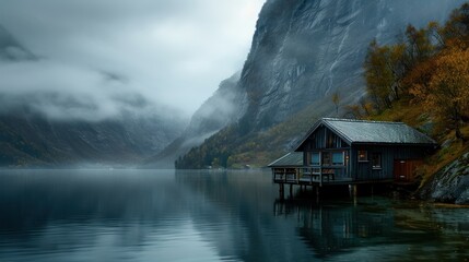Fototapeta premium a cabin sits on the edge of a body of water in front of a mountain range and a body of water with a body of water in the foreground.