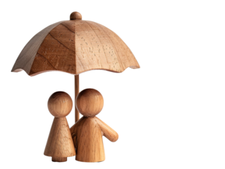 Wooden figurines of a family under an umbrella, isolated on white background