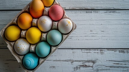  a carton filled with different colored eggs on top of a white wooden table next to an orange, yellow, blue, and green egg sitting on top of another carton.