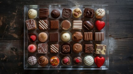  a box of assorted chocolates sitting on top of a wooden table next to a bottle of wine and a glass of wine on top of a wooden table.