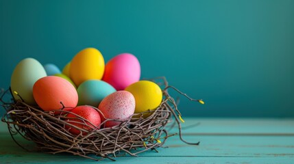 Fototapeta premium a bird's nest filled with colored eggs on top of a blue wooden table with a green wall in the background and a blue wall in the back ground.