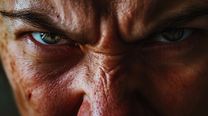 Close-Up Shot of an Angry Man’s Face with Furrowed Brows Expressing Intense Anger - obrazy, fototapety, plakaty