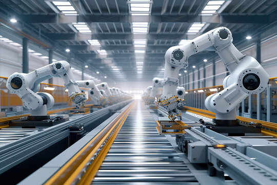 Industrial robots in modern factories assemble components on production line conveyors