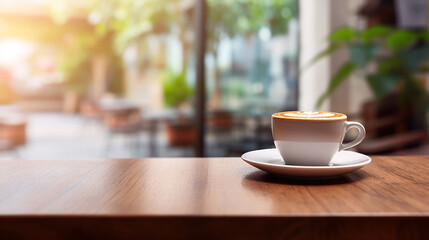 Blurred modern background, a cup of coffee on a wooden tabletop. GenerativeAI