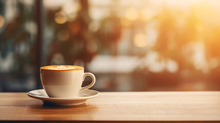 Fototapeta premium Blurred modern background, a cup of coffee on a wooden tabletop. GenerativeAI