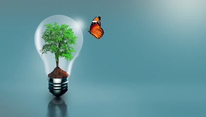 Tree growing inside the light bulb with butterfly. Nature ecology, Growth, Think green, Power...