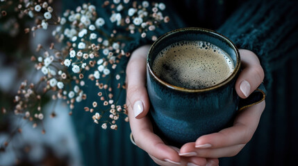  a woman holding a cup of coffee with a bouquet of baby's breath on the side of the cup and the words ok written on the bottom of the cup.
