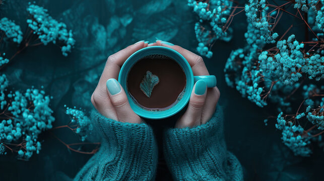  a woman's hands holding a cup of coffee in front of a bunch of blue flowers on a teal green background with pink and white flowers in the middle.