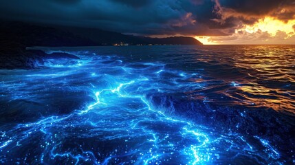 Fototapeta premium a large body of water with a lot of blue lights on the water and a dark sky in the background with a few clouds and a few buildings in the distance.