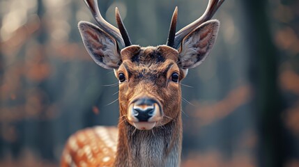  a close - up of a deer's head with antlers on it's ears and a blurry background of trees and grass in the foreground.