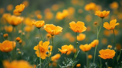 Fototapeta premium a field full of yellow flowers with green stems and yellow flowers in the middle of the field, in the foreground is a blurry background of green grass and yellow flowers.