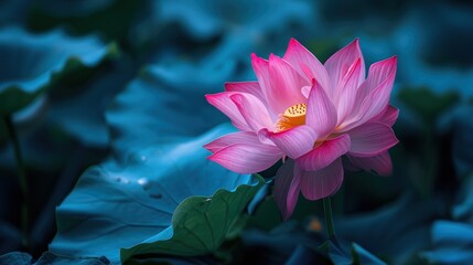  a large pink flower sitting on top of a lush green leaf covered field next to a body of water with lots of water lilies growing on both sides of it.