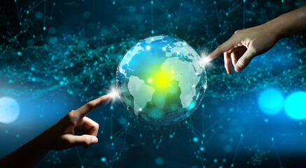 Businessmen hands pointing crystal digital world. Global network connection, Big data analytic,...