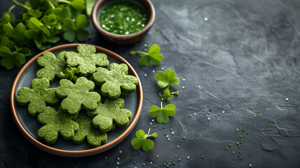 St. Patricks Day treats with cloves on black tabletop. Composed with copy space.