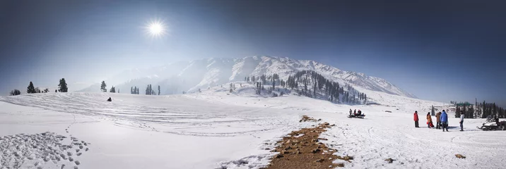 Poster Gulmarg, Kashmir Gulmarg lies in a cup-shaped valley in the Pir Panjal Range of the Himalayas, at an altitude of , 2,650 m (8,694 ft), 56 km from Srinagar © mOai99