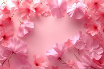 Fototapeta na wymiar Top view pink rose petals on pastel pink background, Flat lay minimal fashion