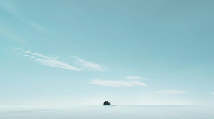 a person standing in the middle of a large body of water with a boat in the middle of the water and a blue sky with white clouds in the background.