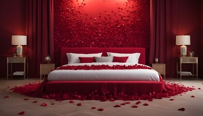 White and red silk bed, lots of red rose petals on it