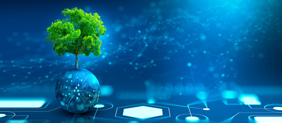 Tree growing on Circuit digital ball. Digital Convergence and Technology Convergence. Blue light and Wireframe network background. Green Computing, Green Technology, Green IT, csr, and IT ethics Conce