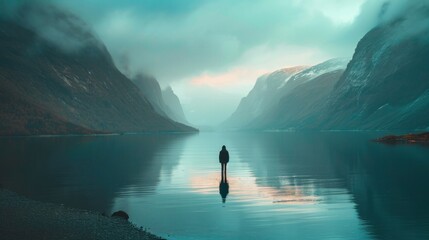  a lone person standing on the edge of a body of water in the middle of a mountainous area with a mountain range in the background and a body of water in the foreground.
