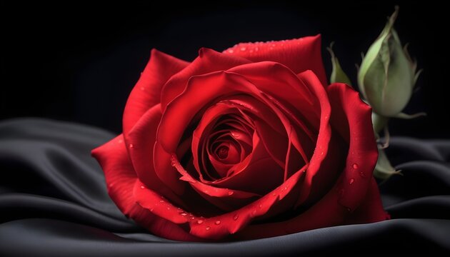 Red rose on black silk drapery 