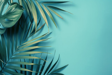 Top view tropical tree leaves on pastel blue  background, Flat lay Minimal fashion summer holiday vacation concept