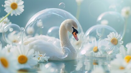 a white swan floating on top of a body of water surrounded by white daisies and a bunch of bubbles in front of a blue sky with white daisies.
