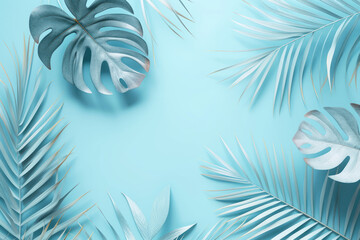 Fototapeta na wymiar Top view tropical tree leaves on pastel blue background, Flat lay Minimal fashion summer holiday vacation concept